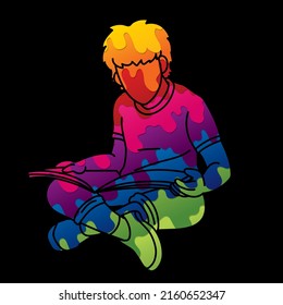 A Boy Reading A Book Children Study Cartoon Graphic Vector