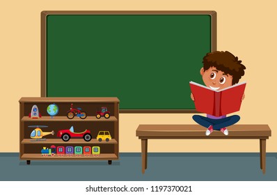 Libro de lectura de niño en la ilustración del aula