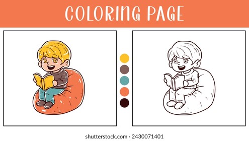 Boy reading a book coloring page section vector illustration