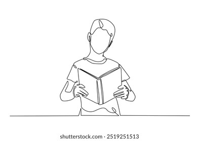 Boy reading a book continuous one line drawing. Person study by reading book in single line art illustration. Editable vector.  