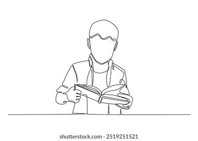 Boy reading a book continuous one line drawing. Person study by reading book in single line art illustration. Editable vector.  