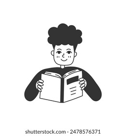 Ilustración vectorial de Doodle de Libro de Lectura de Chico. Persona dibujada a mano de dibujos animados. Biblioteca de la literatura Estudiando el concepto de conocimiento. Línea negra humana.