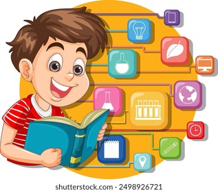 Boy reading book with educational icons