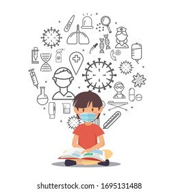A boy reading a book in an epidemic situation
