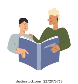 boy reading a book with father. A student and a teacher hold open book. Learning concept vector stock illustration