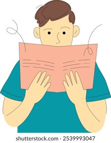 Boy reading a book. Flat illustration style featuring a young boy sitting with a large, open book in his lap. Ideal for use in children’s books, educational materials, instructional resources