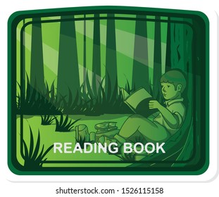 The boy is reading a book at the forrest.