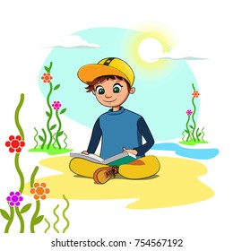 a boy reading a book in garden with a smile on his face