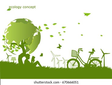 The boy reading a book in Global tree ,windmill and solar panels on the grass ,Environmentally friendly world. Vector illustration of ecology,concept  protect the environment and The earth