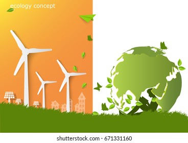 The boy reading a book in Global tree ,windmill and solar panels on the grass ,Environmentally friendly world. Vector illustration of ecology concept  protect the environment and The earth