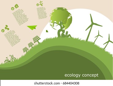 The boy reading a book in Global tree ,windmill and solar panels on the grass ,Environmentally friendly world. Vector illustration of ecology,concept  protect the environment and The earth