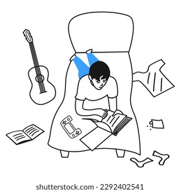 Boy reading a book in his bedroom. Relaxation concept vector illustration