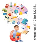 Boy reading a book with his imagination creating a swirling flow of school and science objects above him. Vector cartoon illustration