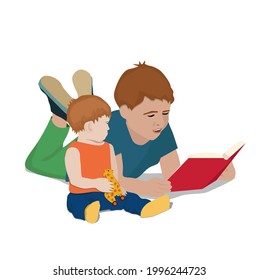 A boy is reading a book to his younger brother, lying on the floor.  Family, book lovers, education. Vector illustration on a white background.