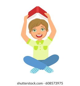 Boy Reading A Book Holding It Above The Head, Part Of Kids Loving To Read Vector Illustrations Series