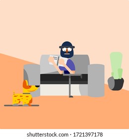 boy reading book at home, Vector cartoon a man reader, Education, learning concept