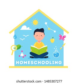 Boy Reading a Book. Homeschooling, Science Learning, Stem and Steam Approach Concept Illustration. Vector Design