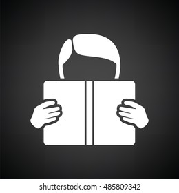 Boy reading book icon. Black background with white. Vector illustration.