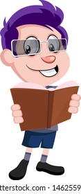 Boy reading book, illustration, vector on white background.