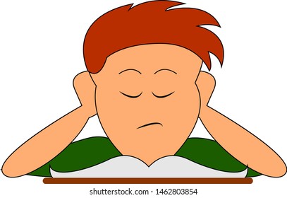 Boy reading book, illustration, vector on white background.