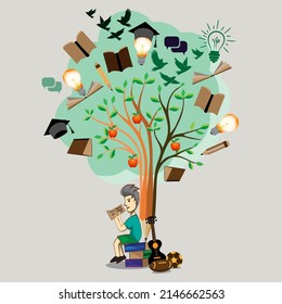 El niño lee un libro con la imaginación debajo del árbol hecho de lápices. La educación diseña el concepto.