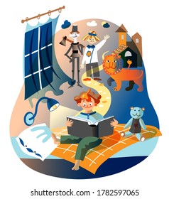 Boy Is Reading Book. Kid Sits On Bed In Children's Bedroom, Imaging Adventures, Yellow Brick Road. Vector Character Illustration Of Child Literature