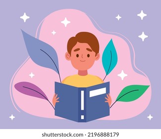 boy reading book with leafs