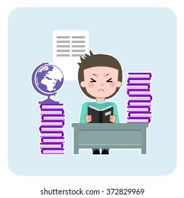 Boy reading a book. The boy learns a lesson. Boy unhappy. It is difficult to learn. Exam preparation.  Troubled face. Angry, Weep, stress . Kid is reading book. Flat design.  Vector Illustration. 