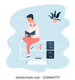 Boy reading a book in a library. Conceptual vector illustration. Smart youth