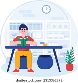 Boy Reading Book In Library Illustration
