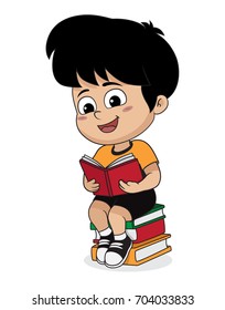 boy reading a book in the library.Vector and illustration.
