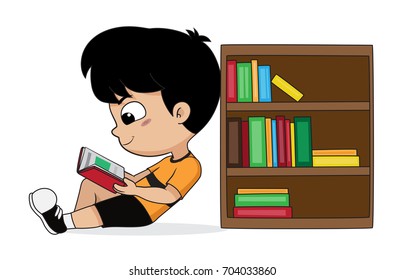 boy reading a book in the library.Vector and illustration.