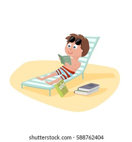 Boy reading a book. Boy lies on a sun lounger on the beach. Vector illustration.