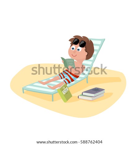 Boy reading a book. Boy lies on a sun lounger on the beach. Vector illustration.