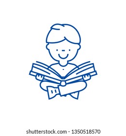 Niño leyendo el concepto de icono de línea del libro. Niño leyendo el símbolo de vector plano del libro, signo, ilustración de contorno.