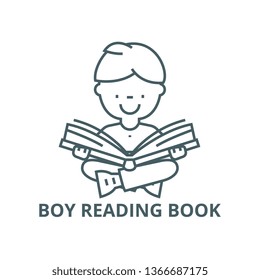 Boy reading book line icon, vector. Boy reading book outline sign, concept symbol, flat illustration