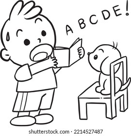 boy reading book little dog cartoon doodle kawaii anime coloring page cute illustration drawing clip art character chibi manga comics