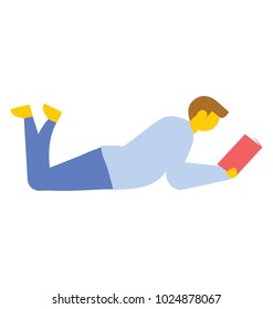 Boy reading book, lying down, flat vector icon 