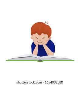 A boy is reading a book lying on his stomach. Children's reading, children's book. Vector illustration