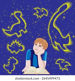Garoto lendo livro. Céu mágico estrelado com dinossauros. Dia Internacional dos Amantes do Livro. Faixa. Ilustração isolada de vetor.