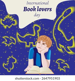 Boy reading book. Magical starry sky with dinosaurs. International Book Lovers Day. Square template. Isolated vector illustration.