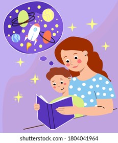 The boy is reading a book with mom. The child fantasizes. Reading for children  to develop fantasy and reading skills,Vector illustration flat cartoon style.