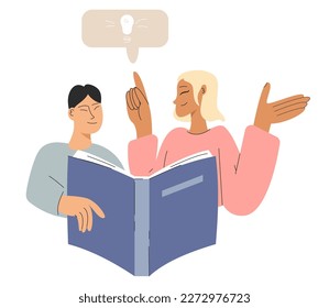 The boy is reading a book with mother. The teacher explains a new topic to the boy. Study concept vector illustration