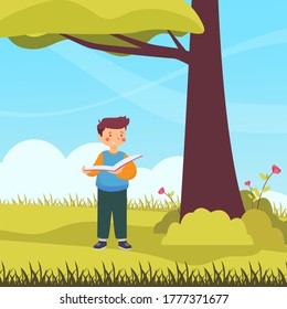 the boy reading a book with nature background, kid reading book, child reading book, vector