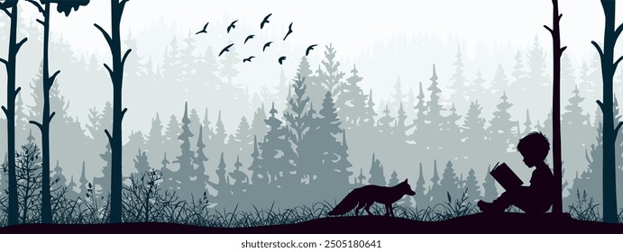 Boy reading book in nature. Fox watching in forest, birds, trees, grass. Silhouette landscape, banner, poster, illustration.