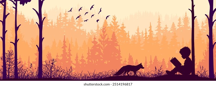 Boy reading book in nature. Fox watching in forest, birds, trees, grass. Silhouette landscape, banner, poster, illustration.