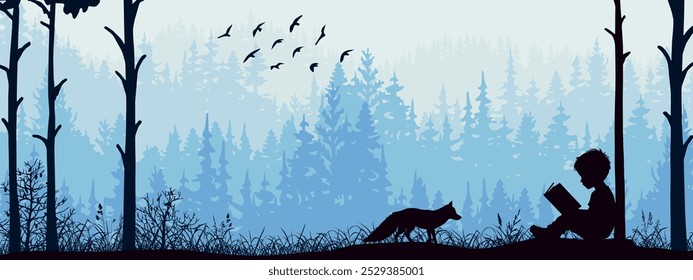 Boy reading book in nature. Fox watching in forest, birds, trees, grass. Silhouette landscape, banner, poster, illustration.