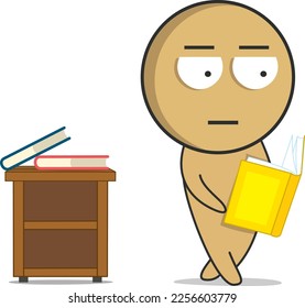 Boy reading a book next to a bookshelf
