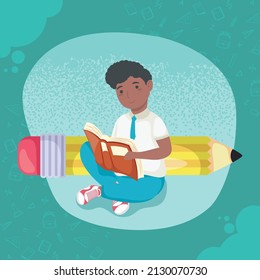boy reading book on blue background