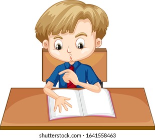 Boy reading book on the desk illustration